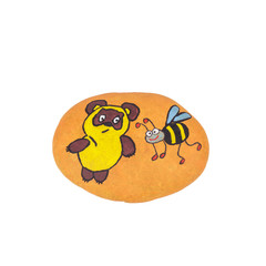 A Panda Bear and a Bee Painted on a Pebble Stone Isolated on a White Background