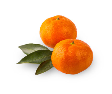 Two Ripe mandarin with leaves close-up on a white background