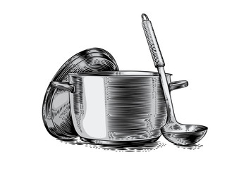 Metal pot with lid and ladle