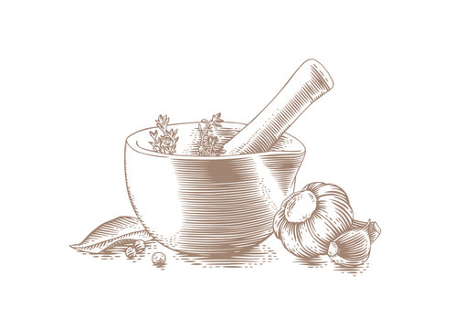 Mortar Bowl And Pestle With Spice, Herb And Garlic