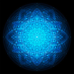 complex deep blue geometric mandala on black background, sacred geometry, flower of life, vector