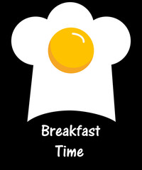 Scrambled eggs and cook cap on a black background with the words breakfast time. Vector illustration.