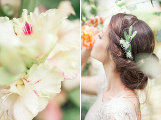 Naklejka premium Bride in the park. The girl is turned, dancing. The hair of the