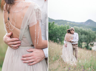 Couple in wedding attire with a bouquet of flowers and greenery