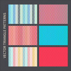 Triangle patterns set. Red, pink, blue, yellow vector seamless backgrounds