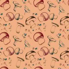 Hand drawn seamless pattern with mushrooms.