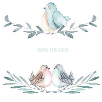 Illustration of the watercolor cute birds on the branches, hand drawn isolated on a white background