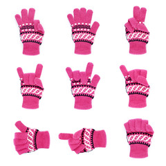 group of pink winter gloves gesturing hand sign many symbol isolated on white background, set of hand signal