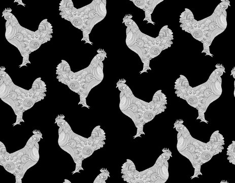 Happy new year vector seamless pattern with rooster, symbol of year 2017