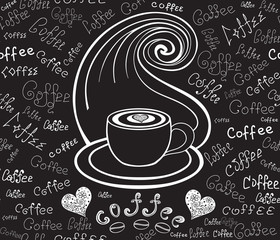 Food and drink vector seamless pattern with coffee cup, hot smoke and words "Coffee" handwritten by chalk on grey board. Endless beverage texture