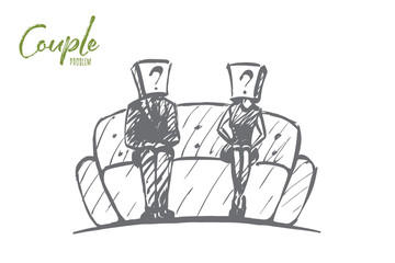 Vector hand drawn couple problem concept sketch with man and woman sitting on sofa separately with question marks on their heads