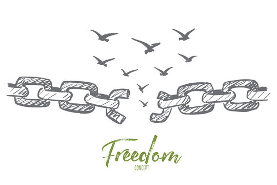 Vector hand drawn freedom concept sketch with broken chain and flock of birds flying over it
