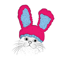 Cat in a funny hat with a rabbit ears. Vector illustrations