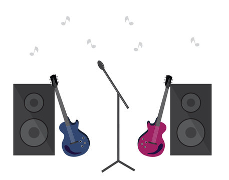 Musical instruments for the concert. There are guitar, music speakers, microphone.