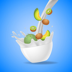Bowl of healthy fresh fruits splash of milk. Vector illustration