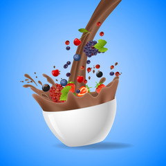 Bowl of healthy fresh fruits splash of milk chocolate. Vector illustration