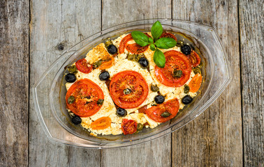 Vegetarian food plate, greek cuisine of mediterranean diet, healthy eating, cooking concept
