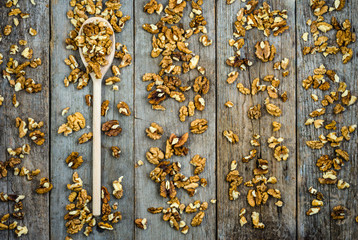 Healthy seeds of walnuts, shelled nuts from local market, overhead