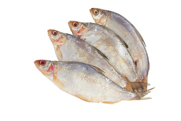 peled raw fish on a white plate on  white background