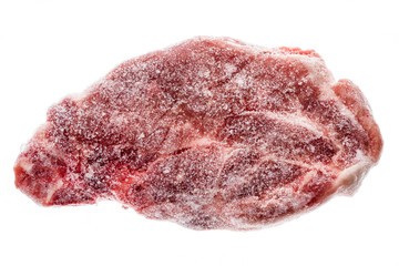 Frozen raw pork neck chops meat steak isolated on white.