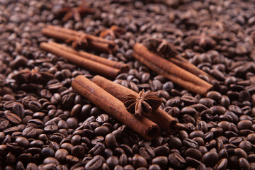 seasoning cinnamon (Cinnamomum) and anise (Anisium vulgare Gaerto) lies on the coffee beans background, close-up