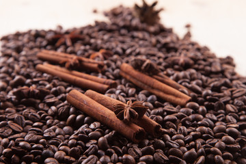 seasoning cinnamon (Cinnamomum) and anise (Anisium vulgare Gaerto) lies on the coffee beans background, close-up