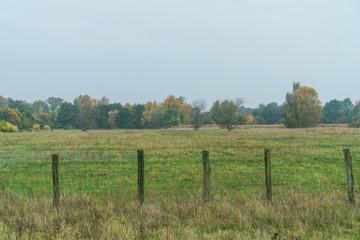Fototapeta na wymiar Old rustic farm fence enclosing a pasture