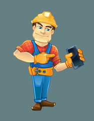 Handyman, builder in helmet pointing to the smartphone.