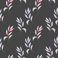 Fototapeta premium Seamless pattern with the watercolor branches with purple and pink leaves, hand painted isolated on a dark background
