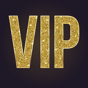 Golden symbol of exclusivity, the label VIP with glitter. Very important person - VIP icon on dark background