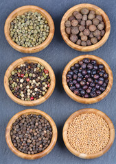 Different spices in a bamboo bowls