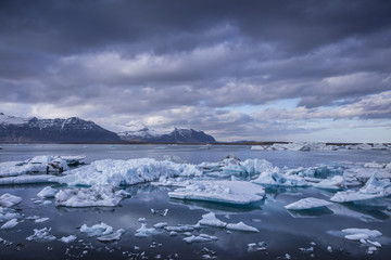 The Jokulsarlon glacier lagoon in Iceland during a bright summer night