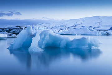 The Jokulsarlon glacier lagoon in Iceland during a bright summer night