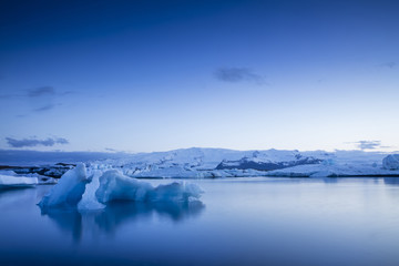 The Jokulsarlon glacier lagoon in Iceland during a bright summer night