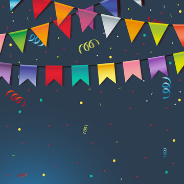 background of colored garlands festive flags and confetti