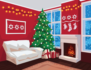 Colorful Christmas room interior. Vector illustration. Scene for your artwork.