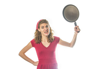 Red retro woman threatening with a frying pan, white background