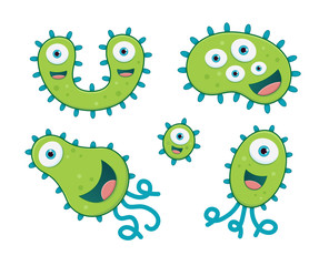 A set of cute green and blue germ characters - isolated on white background
