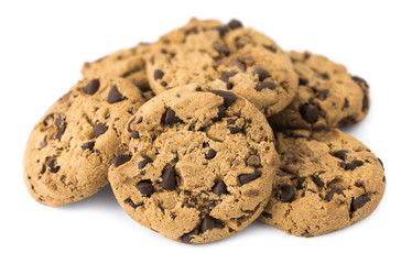 Pile of Chocolate Chip Cookies Isolated on White Background