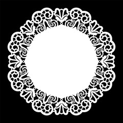 Lace round paper doily, lacy snowflake, greeting element,  template for cutting  plotter, round pattern, laser cut  template, doily to decorate the cake,  vector illustrations.