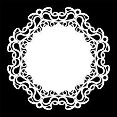 Lace round paper doily, lacy snowflake, greeting element,  template for cutting  plotter, round pattern, laser cut  template, doily to decorate the cake,  vector illustrations.