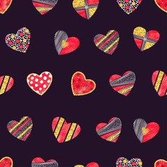 Valentines day background with patterned hearts. Vector romantic seamless pattern.