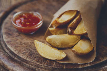 Fries and potato wedges wrapped takeaway at wood