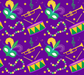 Mardi Gras Carnival seamless pattern with mask feathers, beads. Mardi Gras endless background, texture, wallpaper. Vector illustration © Lucia Fox