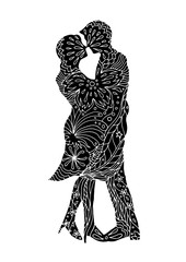 happy couple lover kissing with abstract flower floral pattern