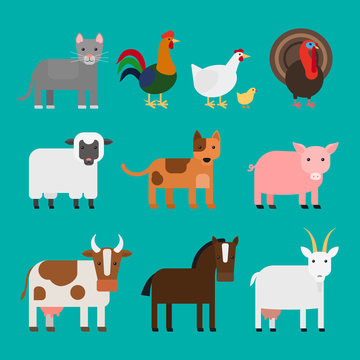 Farm animals cute colorful icons on blue background. Vector illustration