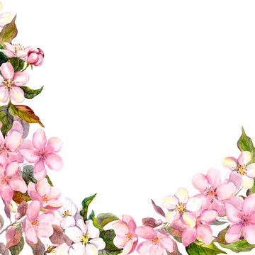 Floral greeting card. White, pink cherry sakura flowers. Watercolor
