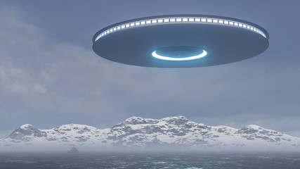 Fototapeta na wymiar 3D UFO over the North Sea and waves