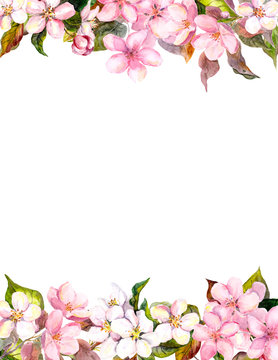 Pink flowers - apple, cherry blossom. Floral frame for postcard. Watercolor