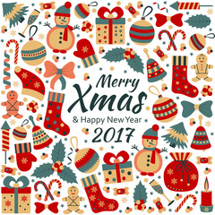 Christmas greeting card with text Merry Xmas and many winter doodle toys. Vector illustration.